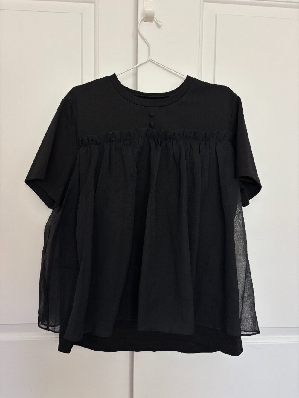 Japanese Mini Black Cotton Tee with Sheer Chiffon Overlay S/M